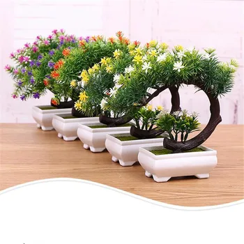 

one plastic bonsai flower with green leaves & vase artificial greenery flowers for office table dcoration