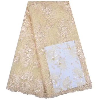 

Gold Latest Net Dress Designs Flower Lace High Quality Sewing African Tulle Lace Beaded French Lace Fabric Embroidered Lace 1203