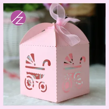 

50pcs/lot Gender Reveal laser Cut Hollow Carriage Favors Box Gifts Candy Boxes With Ribbon Baby Shower Event Party Supplies