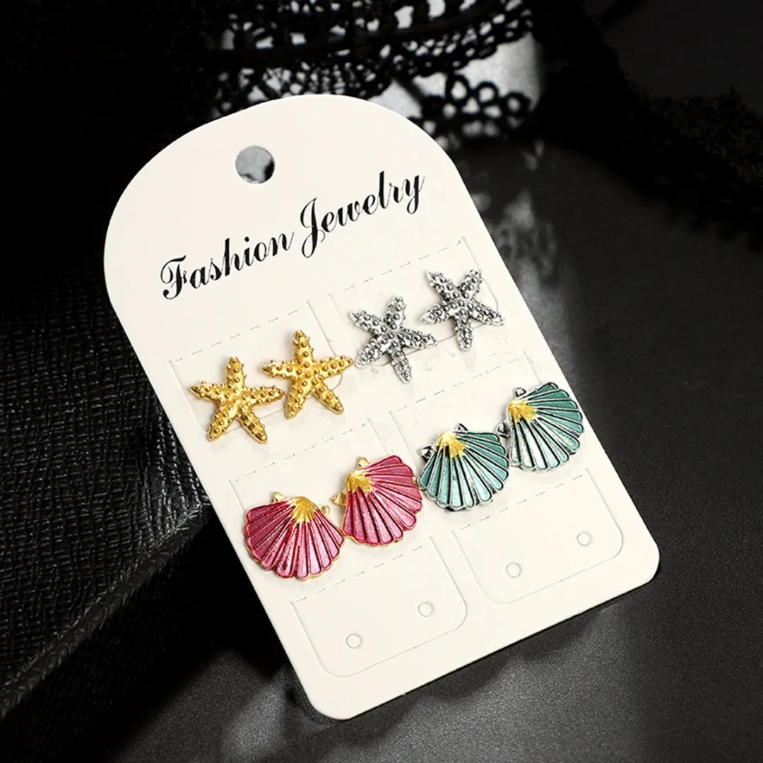 Vintage Starfish Shell Earring Set Shellhard Colorful Metal Sea Star Shell Stud Earrings Women Summer Beach Boho Ear Jewelry