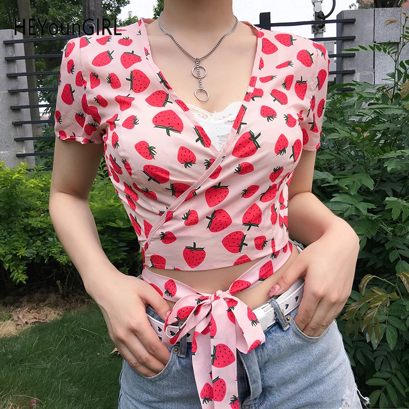 

HEYounGIRL Korean V Neck Sexy Tshirt Women Printed Cute Short Sleeve Crop Top T Shirt Ladies Tie Up Casual Tee Shirt Woman 2019