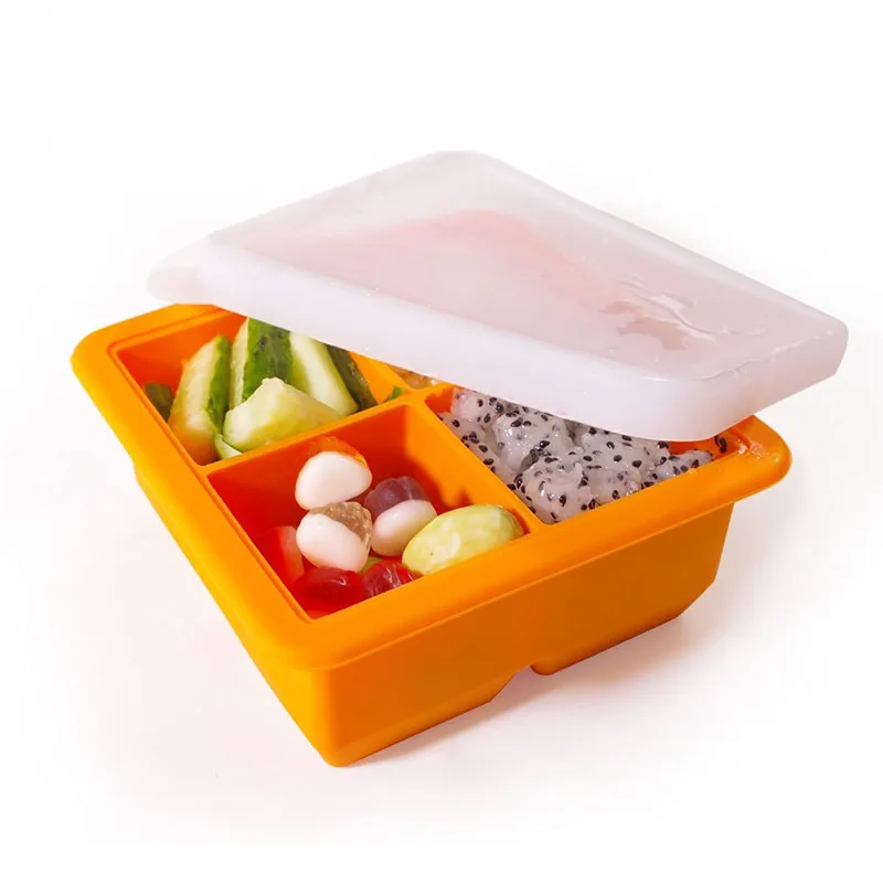 Multi-Purpose 4 Cube 2 Inch Jumbo Durable.Silicone Ice Cube Tray Mold with Lid for Baby Pruee, Herb,Ice Cube and Bakery