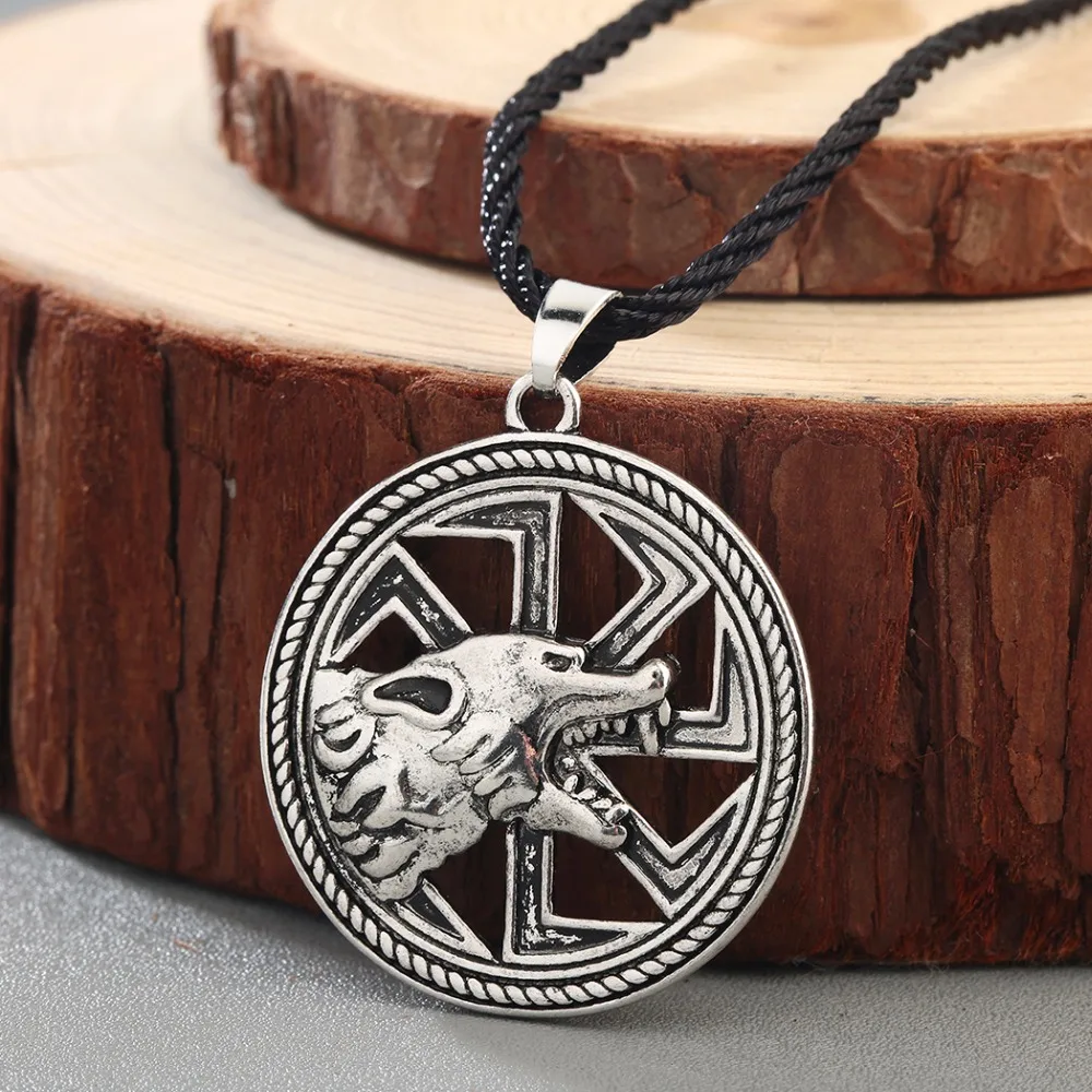 

QIMING Harajuku Style Slavic Women Necklace Jewelry Amulet Wolf Totem Kolovrat Charm Vintage Amulets Men's Valknut Pendant Gift