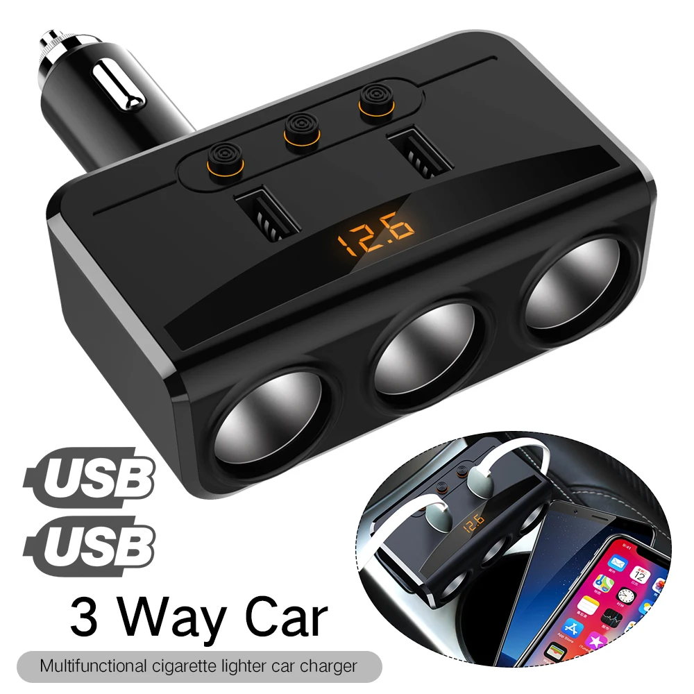 

Car USB Port 3 Way Cigarette Lighter Charger Splitter Car Charger Power Adapter Outlet DC 12V LED Display