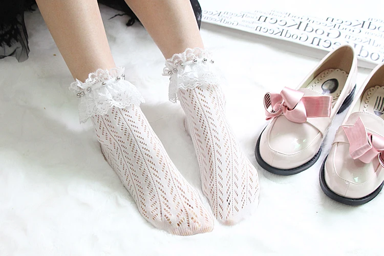 Японские Лолиты Kawaii Носки нейлон кружевные короткие носки бисером кружева принцесса милые девушки тонкие носки женские носки