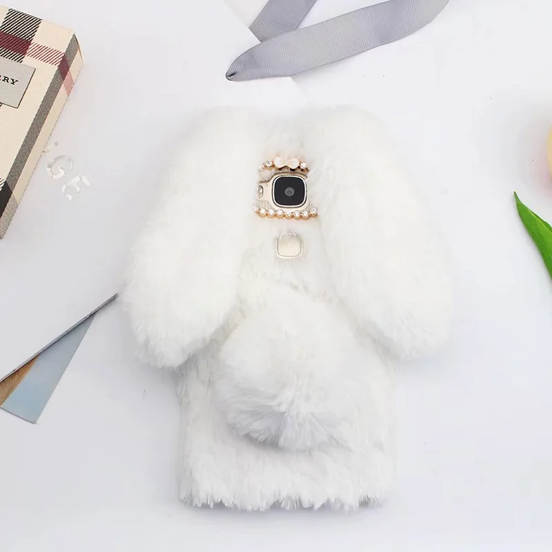 Чехол плюшевый кролик для LG X power 3 мягкий мех милый 3D уши кролика ТПУ блестящий бриллиантовый пушистый чехол для телефона чехол для LG X5 - Цвет: Белый