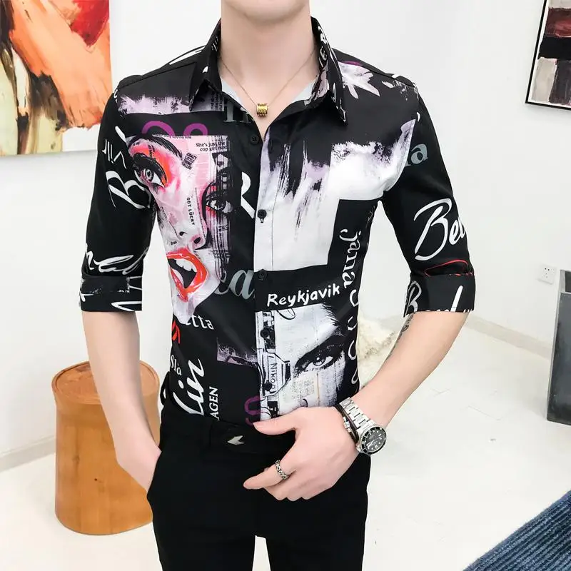 

Hip hop Social Shirt for Men Dress Blouse Men's Clothing Slim Lip print Half sleeve Mens Shirts Summer White black