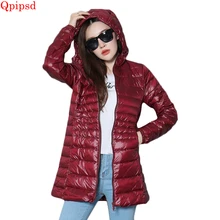 Куртка–пуховик на 90% белом утином пуху зимняя куртка Для женщин пальто с капюшоном Тонкий Теплый Slim Для женщин осенняя куртка вниз длинные пальто Большие размеры 6XL