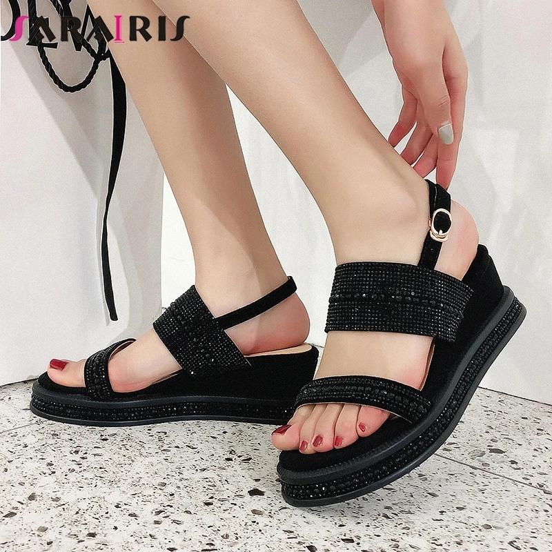 

SARAIRIS New Big Size 33-42 women's Kid Suede Ladies Wedges High Heels Crystal Shoes Woman Casual Party Ol Summer Sandals
