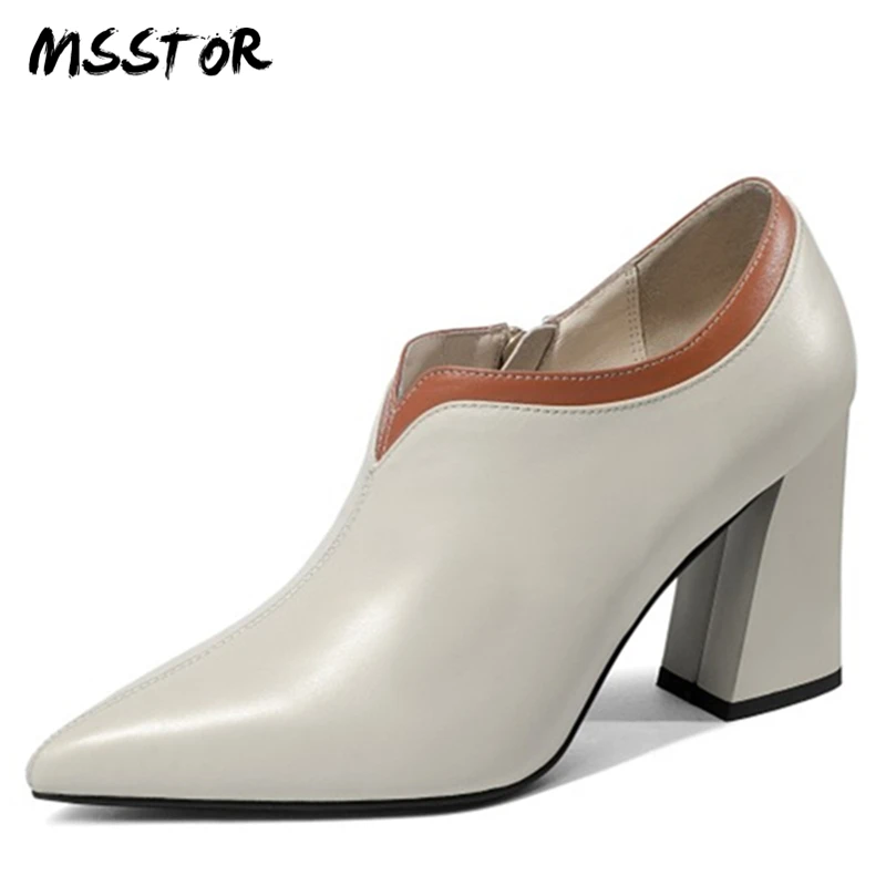 

MSSTOR Mixed Colors Off White Shoes Women High Heels Pointed Toe Sewing Genuine Leather Pumps Zipper Fashion Women Ankle Boots