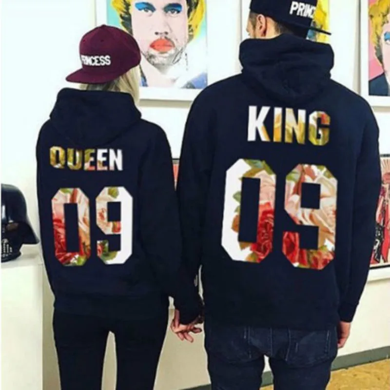 King and Queen Print Couple Hoodie Sweatshirts Pullover Long Sleeve Jumper Matching Hoodies 