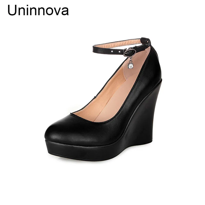 Kopen Vrouwen Super Hoge Sleehak Ondiepe Kantoor Dame Hof Schoenen Platform Lederen Schoenen Zwart Kleine Maat 32 41 WP107