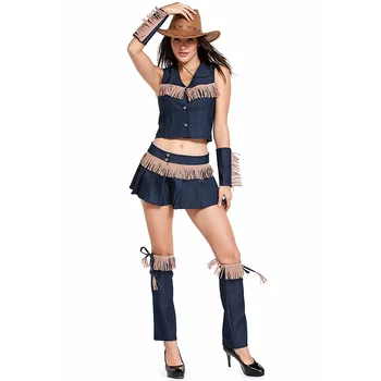 

Women Performance Uniform Cosplay Sexy Western Cowboy Suit Halloween Cos Skirt + Top + Bra +T pants + Foot sleeve + Hat L1862138