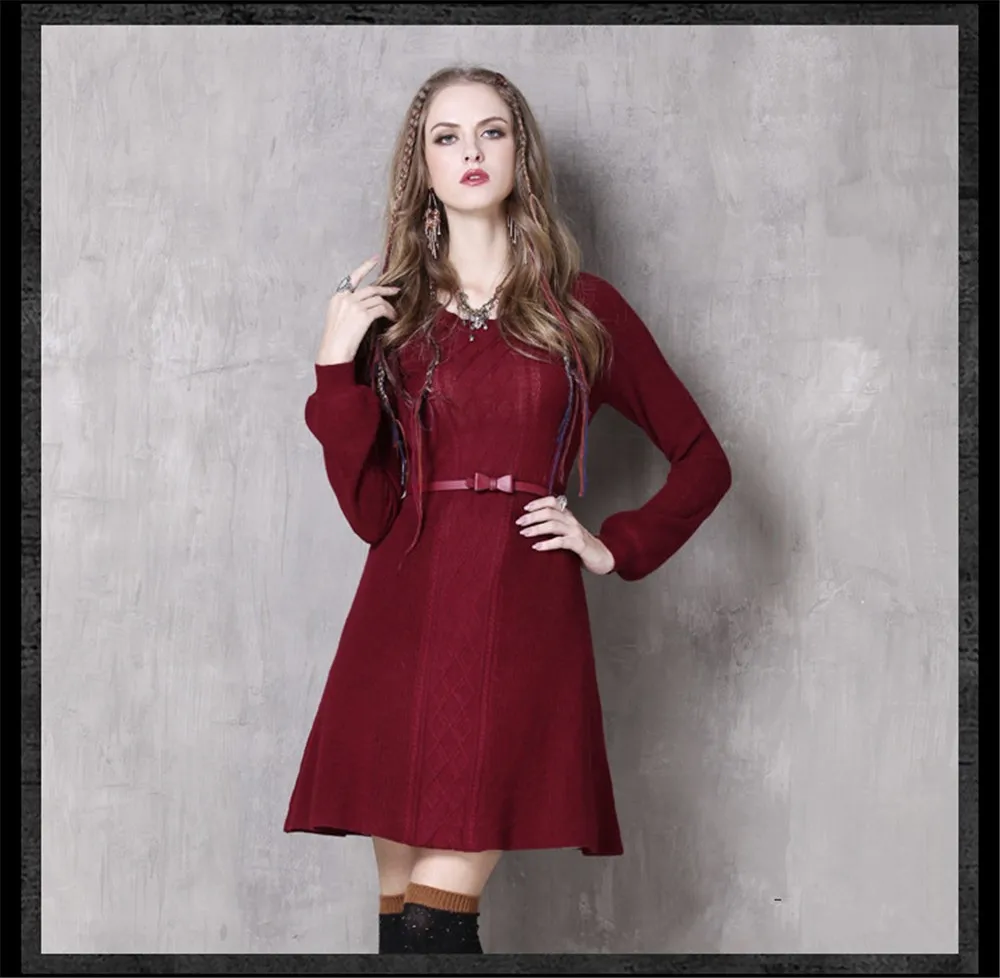 Vintage Elegant Women Winter Dress Tunic Cotton&Wool O-neck Dress Warm Dresses Solid Vestidos Femininos Vintage Skinny Dresses (10)