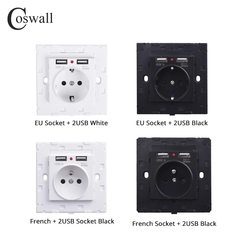 Coswall двойной usb зарядный порт 2.1A настенное зарядное устройство адаптер 16A ЕС/Россия/французский стандартный разъем розетка белый черный