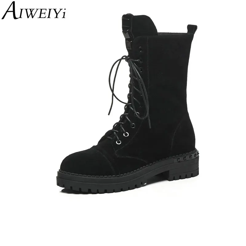 

AIWEIYi Autumn Winter Mid Calf Boots for Women Black Flat Heel Lace Up Shoes Woman Warm Martin Boots Half Knee High Boots