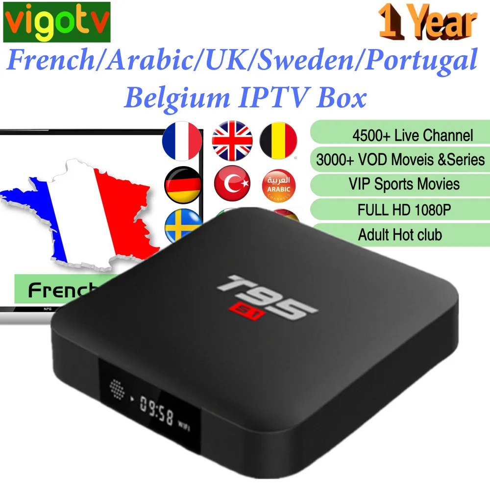 

T95S Android 7.1 Smart IPTV Box 1 Year Vigotv 4500 Live Europe French Italy UK German Arabic Belgium Sweden Poland IPTV M3u
