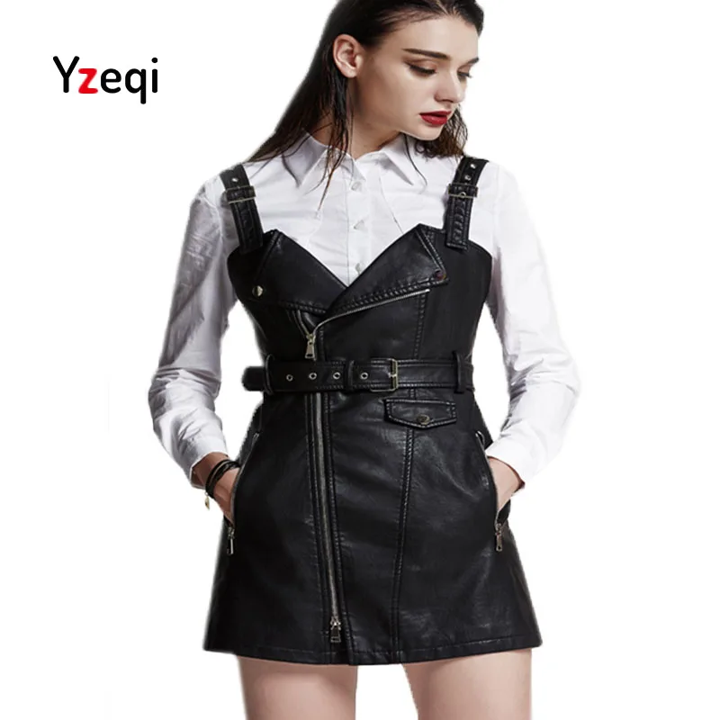 Yzqi мода осень кожа в целом платье Для женщин из мягкой искусственной кожи