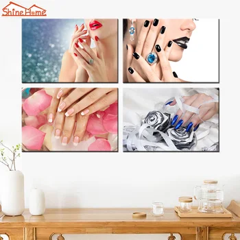 

ShineHome-4pcs Wall Art Canvas Painting Printing Makeup Nail Lipstick Spa Yoga Body Salon Massage Bright Modular Picture Prints