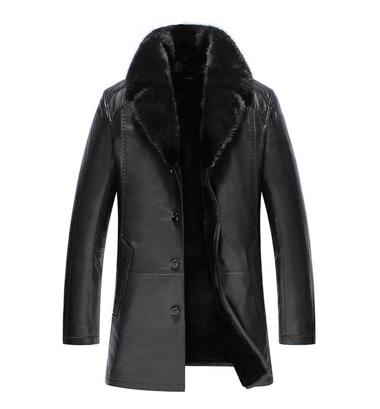 Модная Черная Мужская куртка из натуральной кожи, Мужская Толстая куртка с меховым воротником из овчины, зимняя мужская куртка YYJ0014 - Цвет: Black