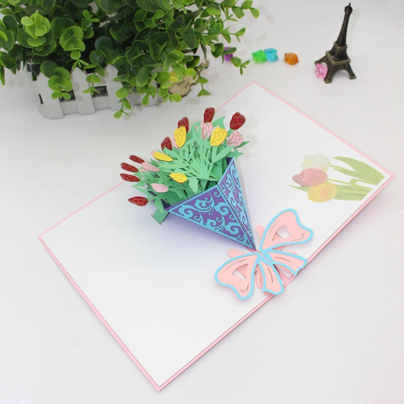  3D Laser Cut Handmade Tricolor Tulip Paper Invitation Greeting Cards Blessing Card Mother's Day Tea - 32891062871