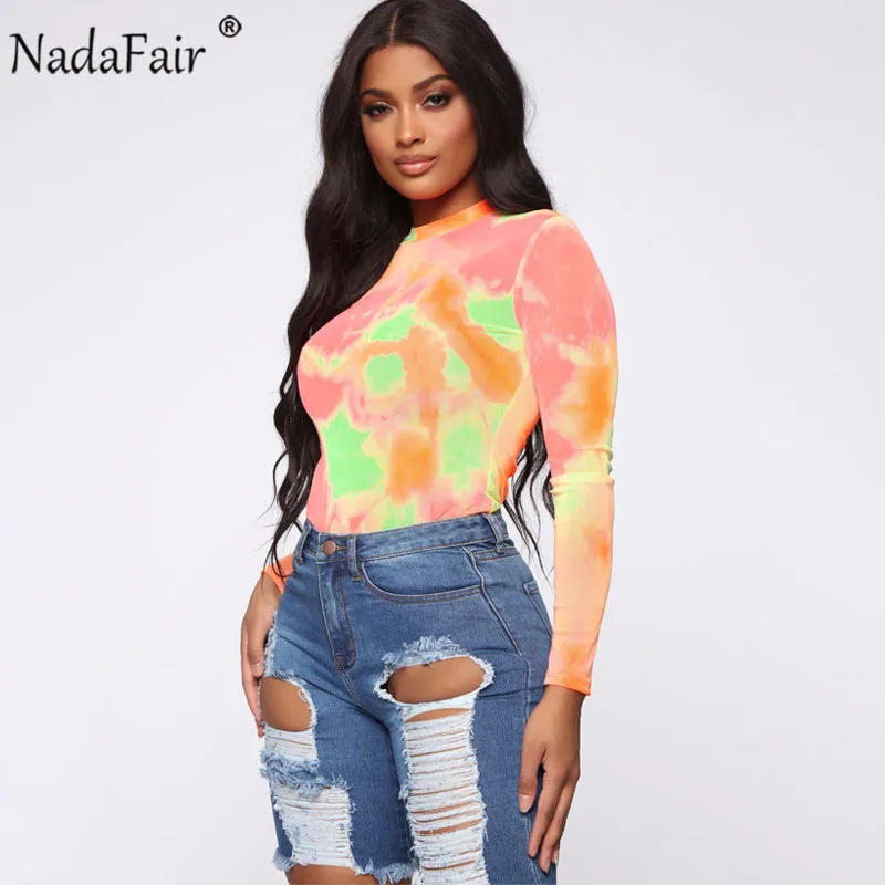 Nadafair Tie Dye обтягивающее сексуальное боди с длинным рукавом для женщин с круглым вырезом Радуга Осень Зима Повседневное боди Топы женские - Color: Orange