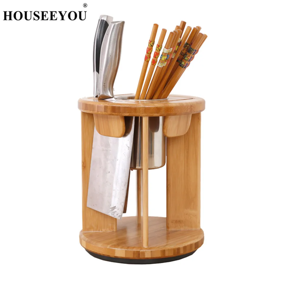 

HOUSEEYOU Bamboo Knife Holder Drain Rack Shelf Knives Stand Rack Multifunctional 360 Degree Rotating Kitchen Storage Accessories