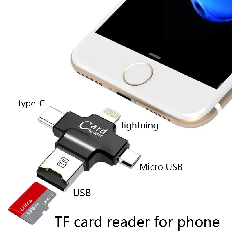 

4 in1 phone card reader with USB/ Micro USB/ Type-C/ lightning interface for Micro SD card connecting with smartphone