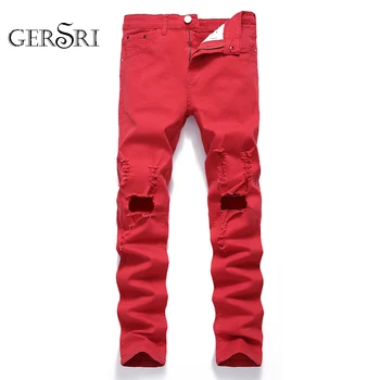 

Gersri Jeans For Men Knee Hole Faded Ripped Distressed Stretch Straight Pants Dropshipping Brand Student Cowboy Pants Jeans