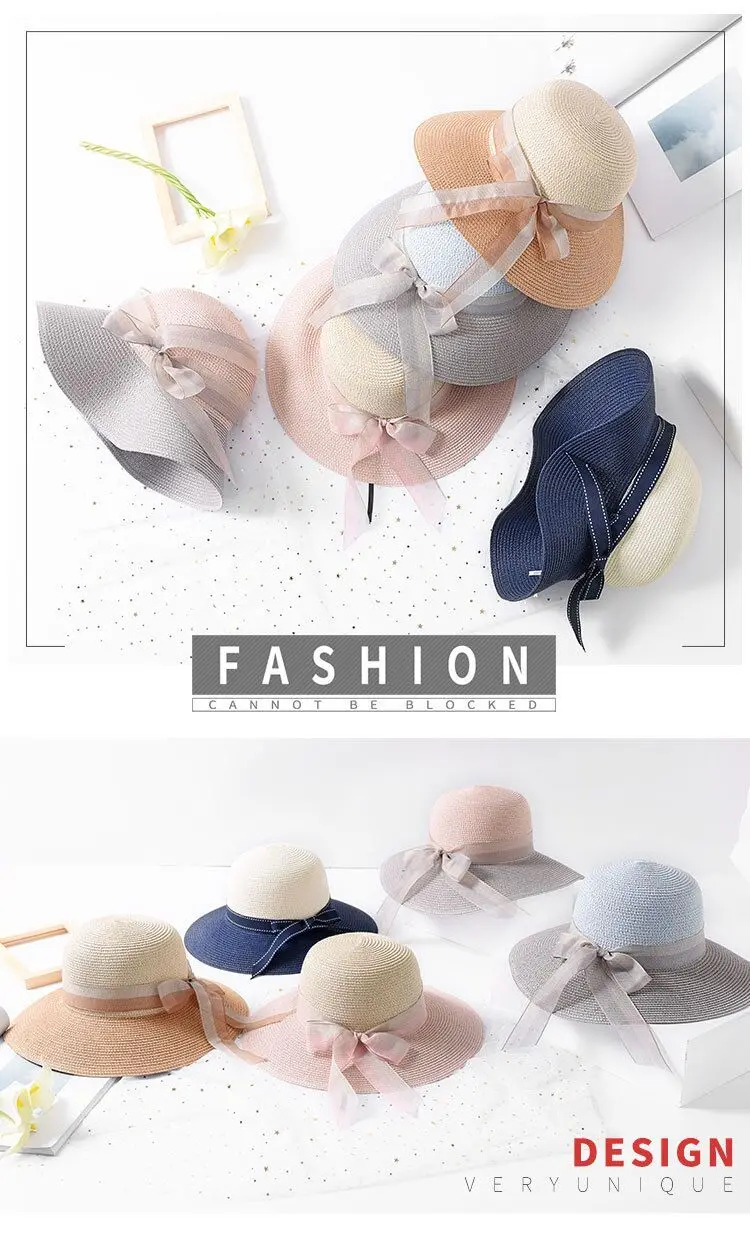 Ymsaid New Color Colorblock Ribbon Female Straw Hats Summer Seaside Resort Foldable Beach Hat Girl Wide Side Sun Hat