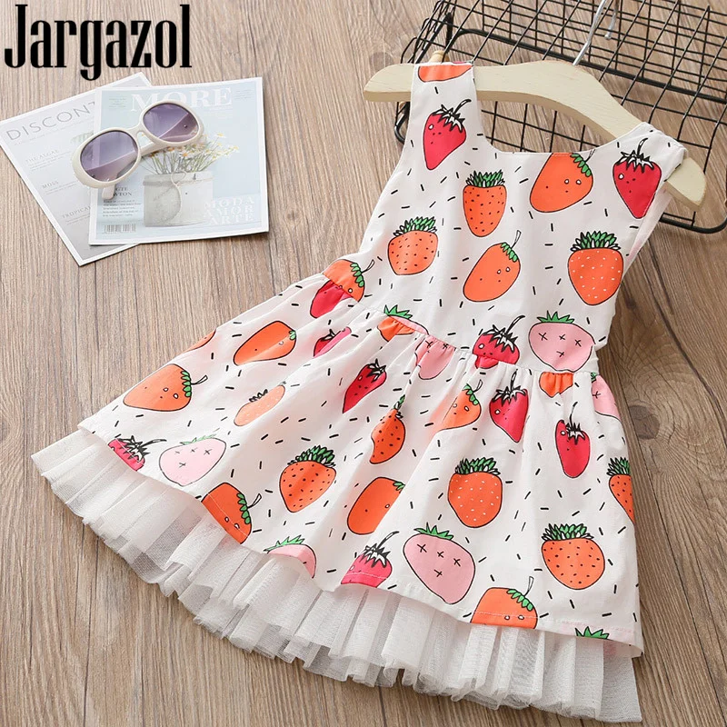 

Jargazol Girls Dress Lemon Strawberry Printed Summer Sleeveless Princess Dress Cute Baby Girl Backless Costume Lcae Bow Tie