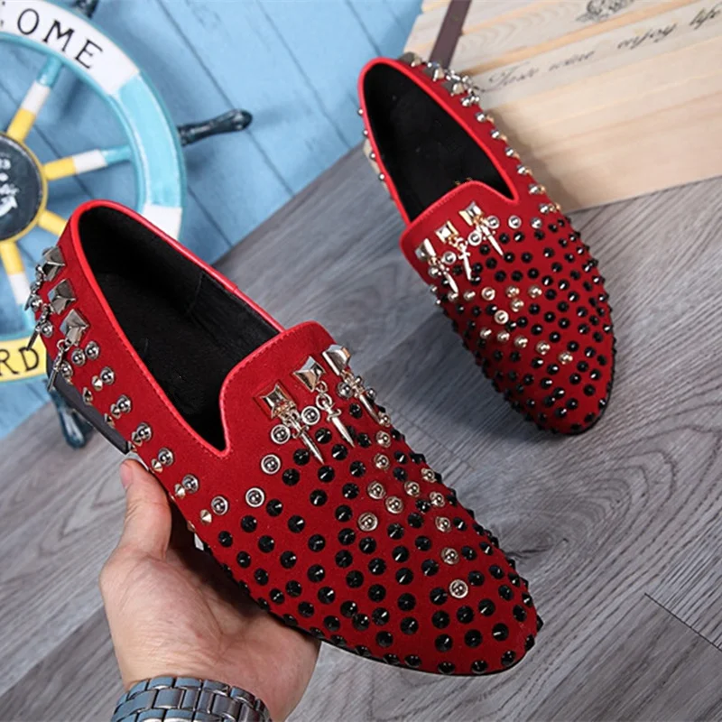 Red Wedding Shoes For Men Round Toe Crystal Rivets Decoration Leahter ...