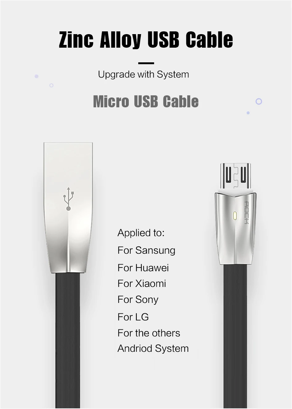 3D светодиодный светильник Micro USB кабель, ROCK 2A цинковый сплав светодиодный Micro кабель для Galaxy быстрое зарядное устройство кабель для Xiaomi