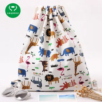 

LKQBBSZ Cotton Canvas Draw String Travel Backpack Student Bag Print Many Kinds of Animals
