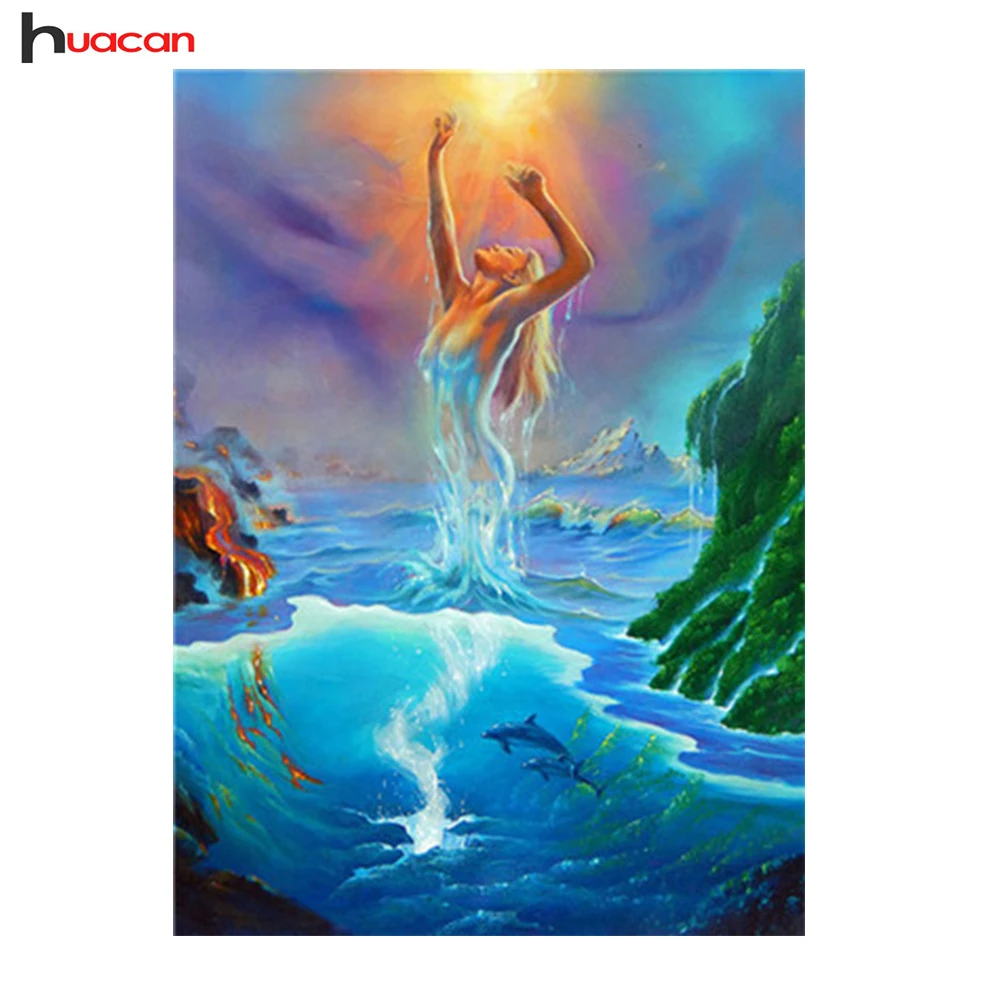 

Huacan,Diamond Embroidery"Scenery"Picture Rhinestones,Diamond Painting Cross Stitch Waterfall Girl Pattern Mosaic Kit Home Decor