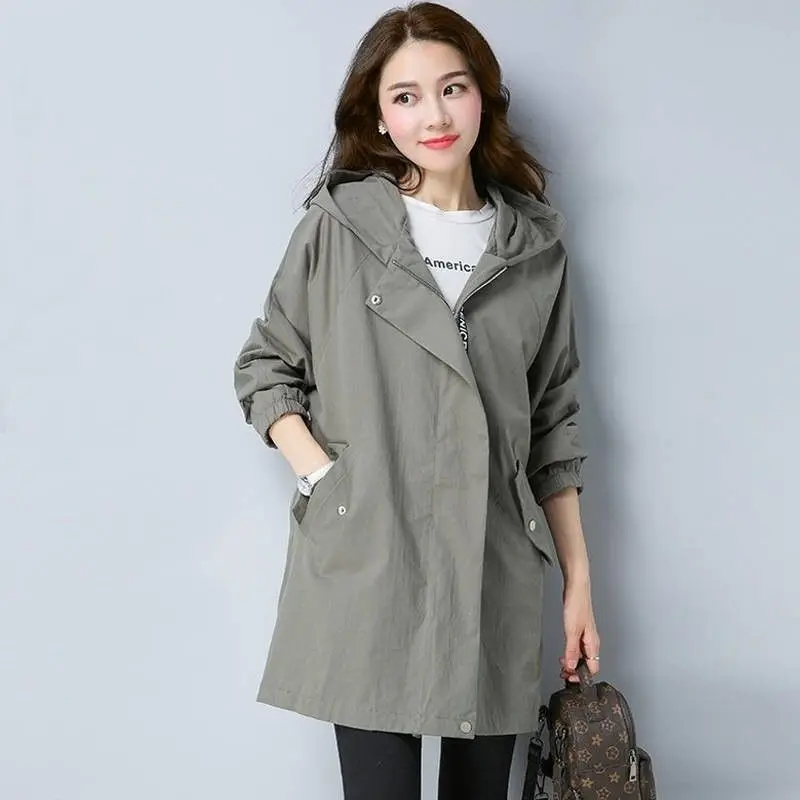Gray Green Vangull женский плащ с длинным рукавом Тонкий с капюшоном ветровка осень нового размера плюс свободная застежка-молния Регулируемая талия верхняя одежда - Цвет: Gray Green