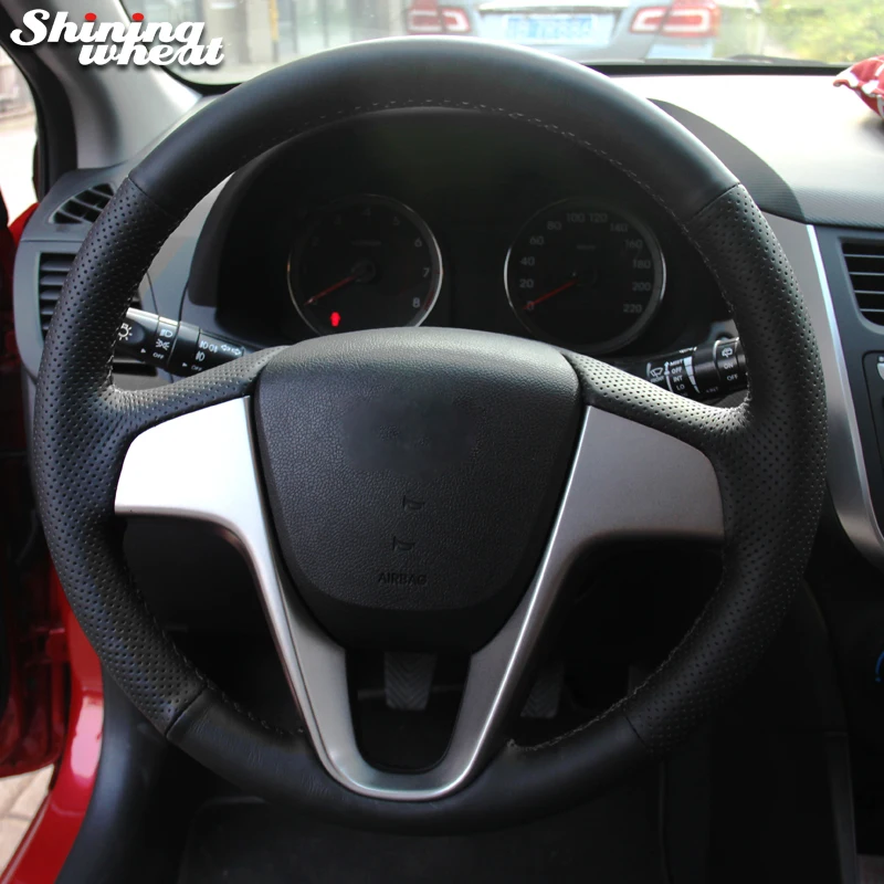 Shining Wheat Black Genuine Leather Car Steering Wheel Cover For Hyundai Solaris Verna I20