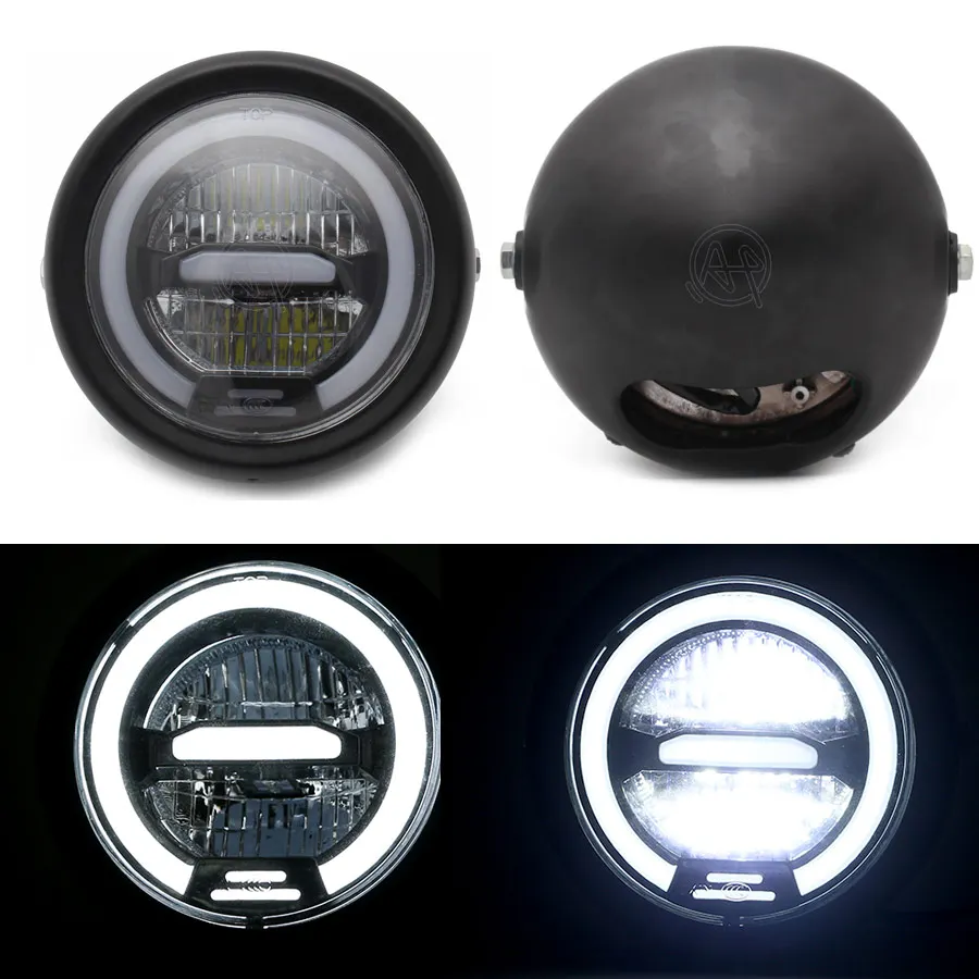 White LED Headlamp for Motorcycle Retro Black Scooter Headlight Motor Vintage Spotlight Moto Big Round Front Light Universal Fit