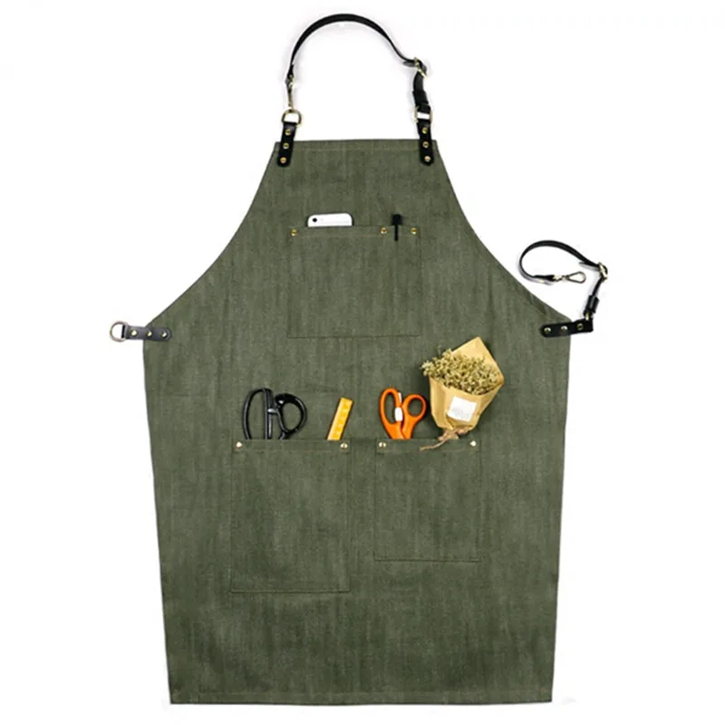 

Green Denim Apron Cowhide Leather Strap Barista Bartender BBQ Chef Catering Uniform Florist Barber Artist Work Wear XL K54A