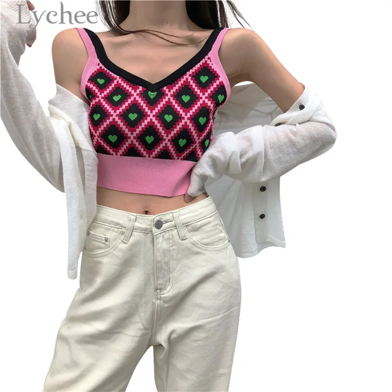

Lychee Sexy Heart Plaid Hit Color Knitted Women Camis Sweet Knit Love Sleeveless Tank Top Vest Female Crop Top