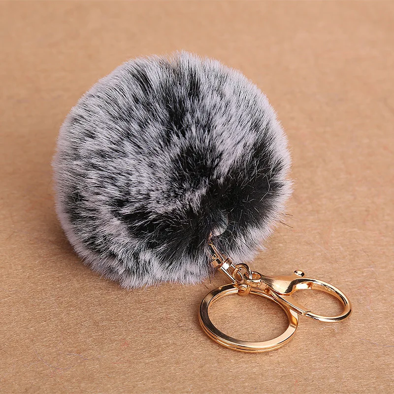 

8CM Double Color Fluffy Faux Rex Rabbit Fur Ball Pompom Key Chain Trinket Gold Color Keyring Bag Ring Pompon Toy Keychain Gift