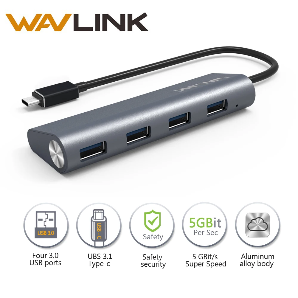 Wavlink usb-хаб 3,1 Тип с 4-портовый USB 3,0 концентратор Тип C Алюминий Slef-концентратор для студийной съемки с изображением Функция док-станция для Windows и Mac OS жил