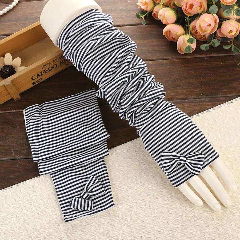 Winter Warm Long Gloves Women Striped Cotton Arm Sleeve Half Finger Sun Protection Mittens Hand Cuff Travel Driving Gloves (9)