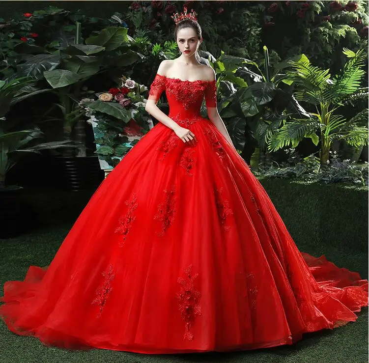 Luxury Arabic Red Wedding Dresses Beaded Ruffles Lace Appliques Bridal Gown Floor Length Bridal Dresses Vintage Bride Gown