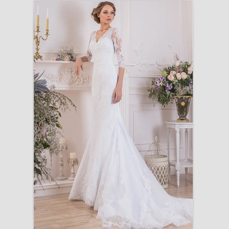 Fibers white lace sheath wedding dress with sleeves shirt