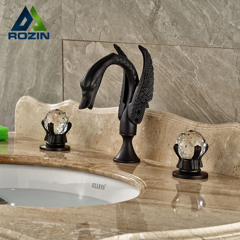 

Deck Mount Two Crystal Handles Swan Basin Faucet Bathroom Sink Mixer Tap Blackened Bronze 3 holes