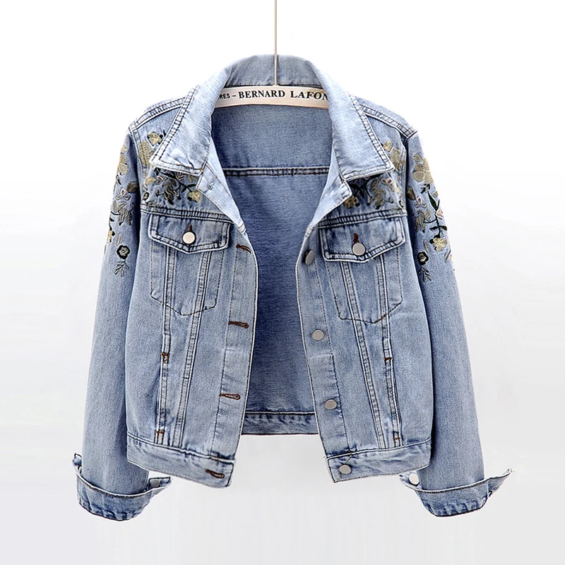2019 en najaar nieuwe Koreaanse bloem borduren lange mouwen denim jasje vrouwelijke korte jean jas 1981