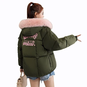 

Rlyaeiz 2018 Winter Jacket Women Thicken Warm Short Parka Coat Fashion Colorful Fur Collar Hooded Coat Female Printed Outwear