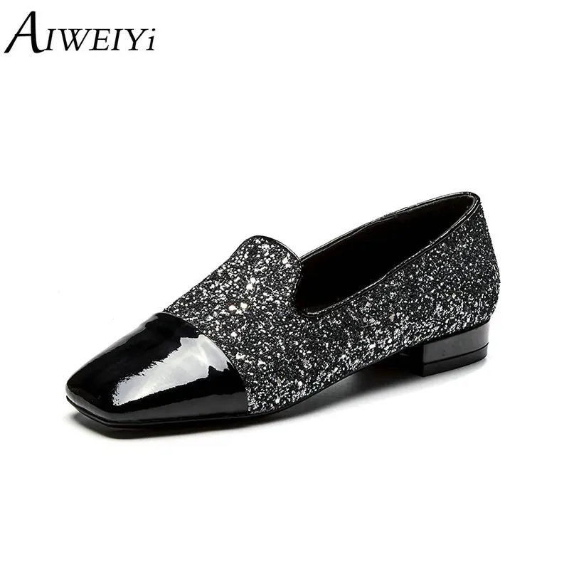 

AIWEIYi Fashion Brand Shoes Genuine Leather Slip On Square Toe Sequined Low Heels Shoes Women Pumps Mary Janes Shoes