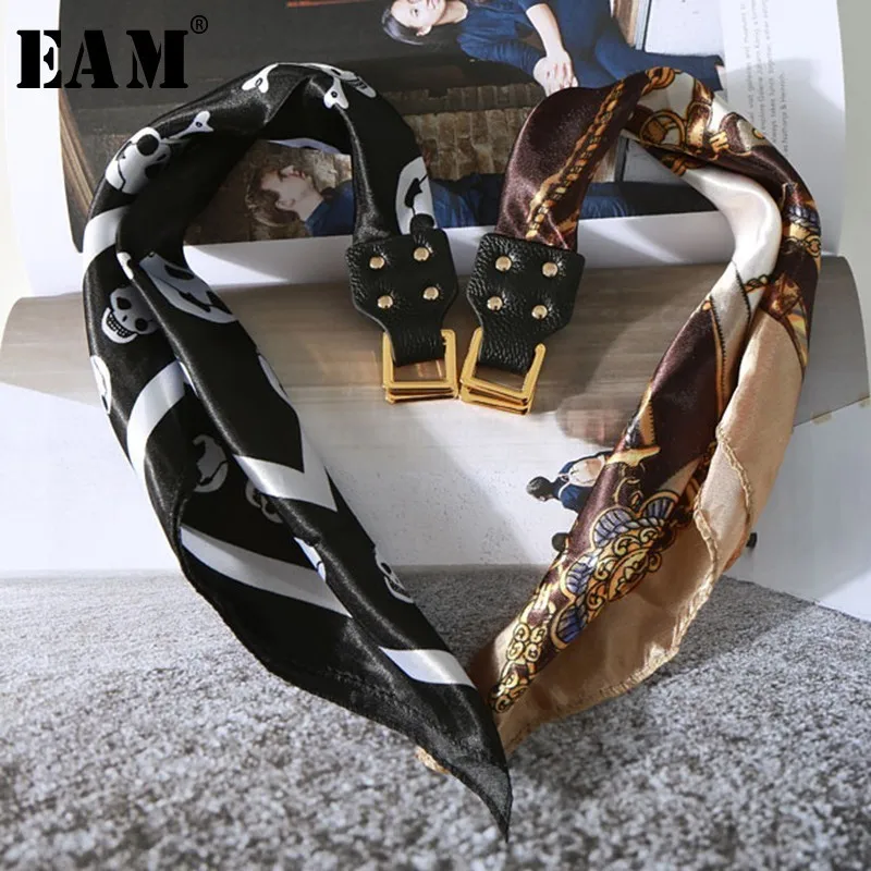 

[EAM] High Quality New 2019 Spring Fashion Street Tide Wild Smooth Scarf Metal Texture Laceup Buckle Necklace Women' LA354